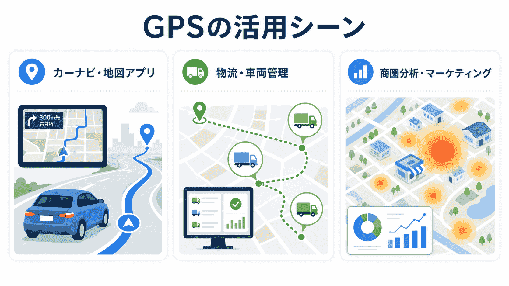 GPSの活用シーンを表す図解イメージ