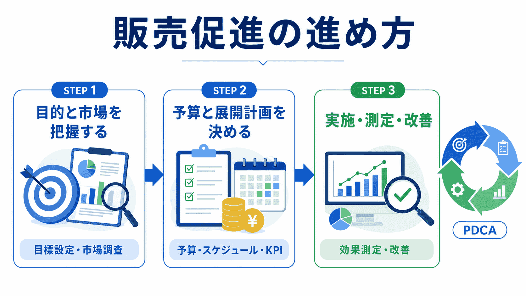 販売促進の進め方の流れ（目的設定・計画・実施・改善のサイクル）