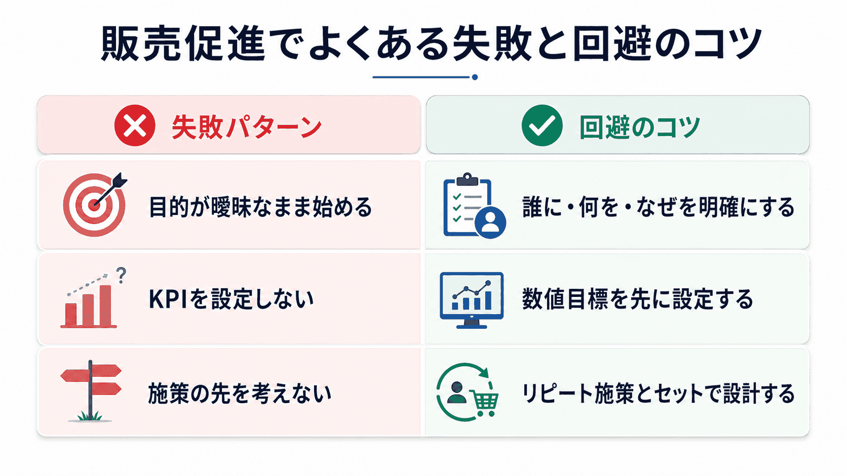 販売促進でよくある失敗パターンと回避のポイントのイメージ