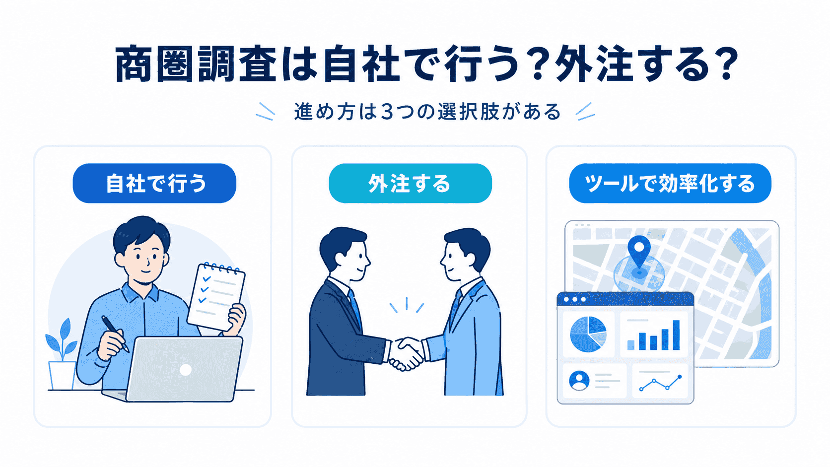 商圏調査を自社で行う場合と外注する場合のイメージ