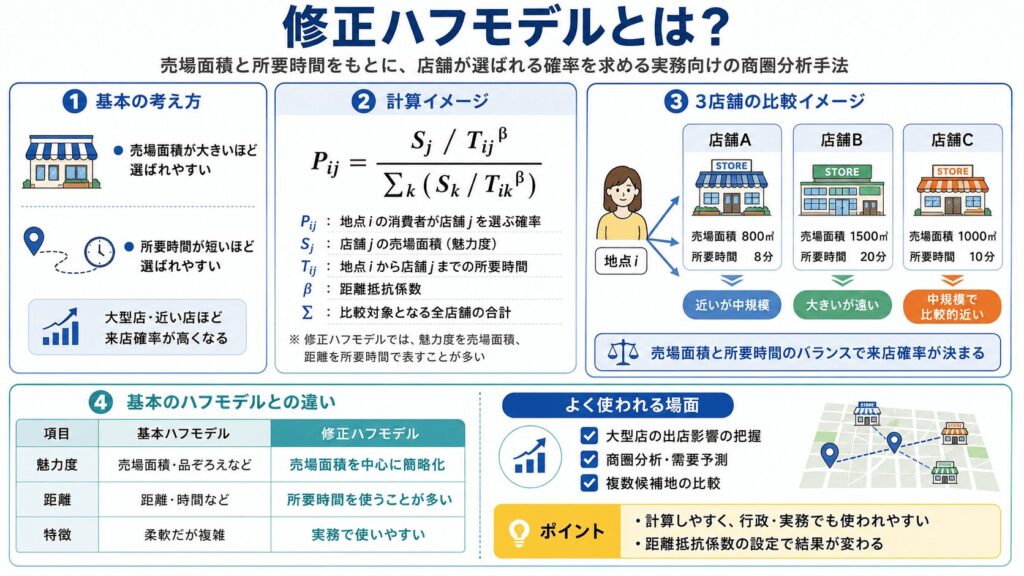 修正ハフモデルは、日本の経済産業省が実務向けに調整したモデル